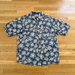 Porcini Blue Silk Hawaiian Shirt Mens Large 100% Silk Tropical Aloha